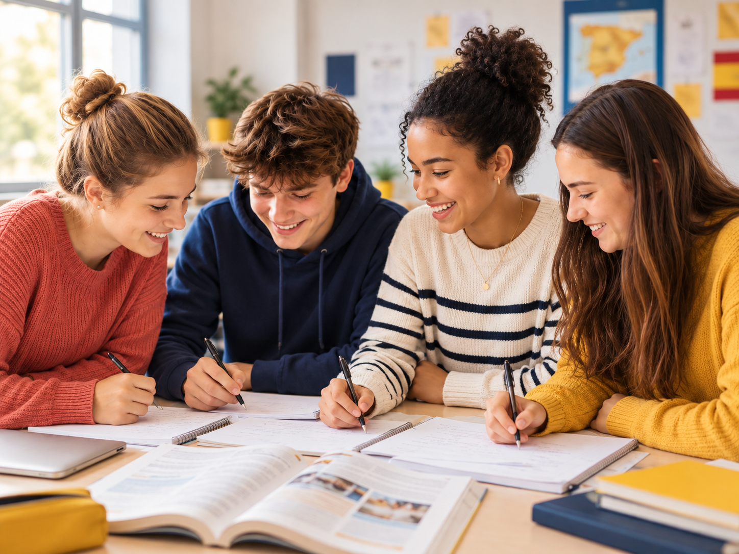 Group of secondary school students studying Spanish together