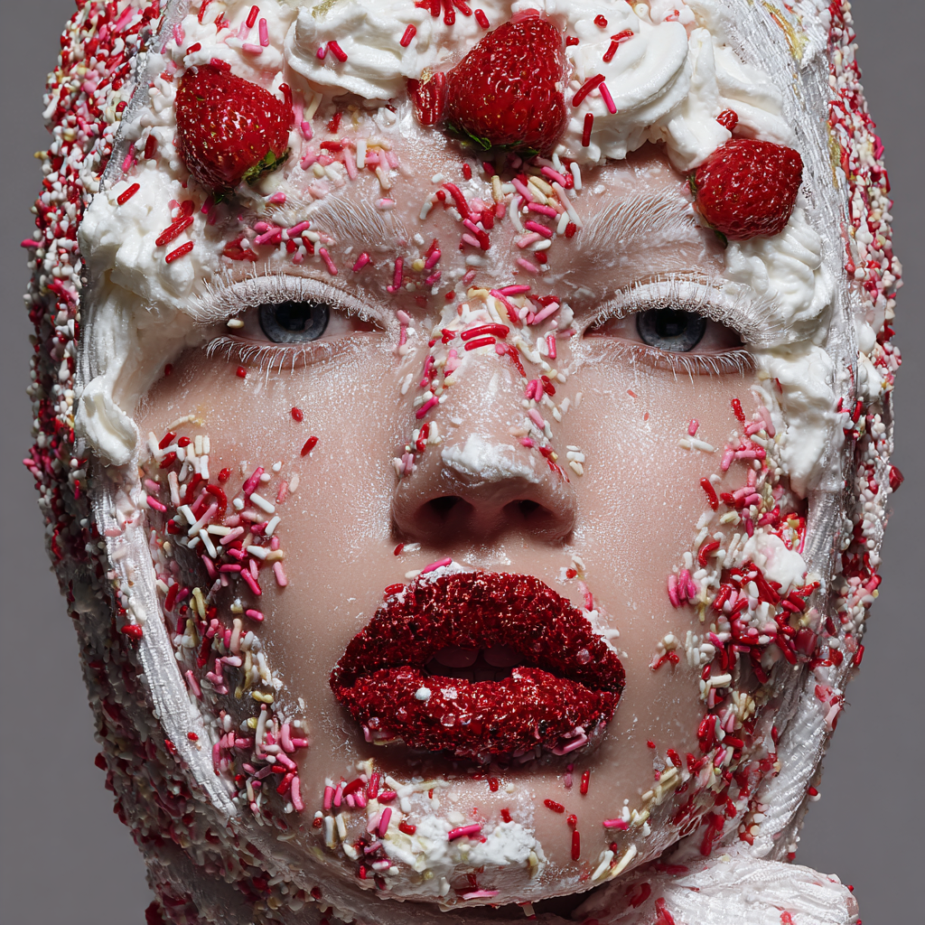 Kunstwerk eines Gesichts, das mit Erdbeeren, Streuseln, Schlagsahne und Zuckerguss dekoriert ist, mit einem neutralen grauen Hintergrund.