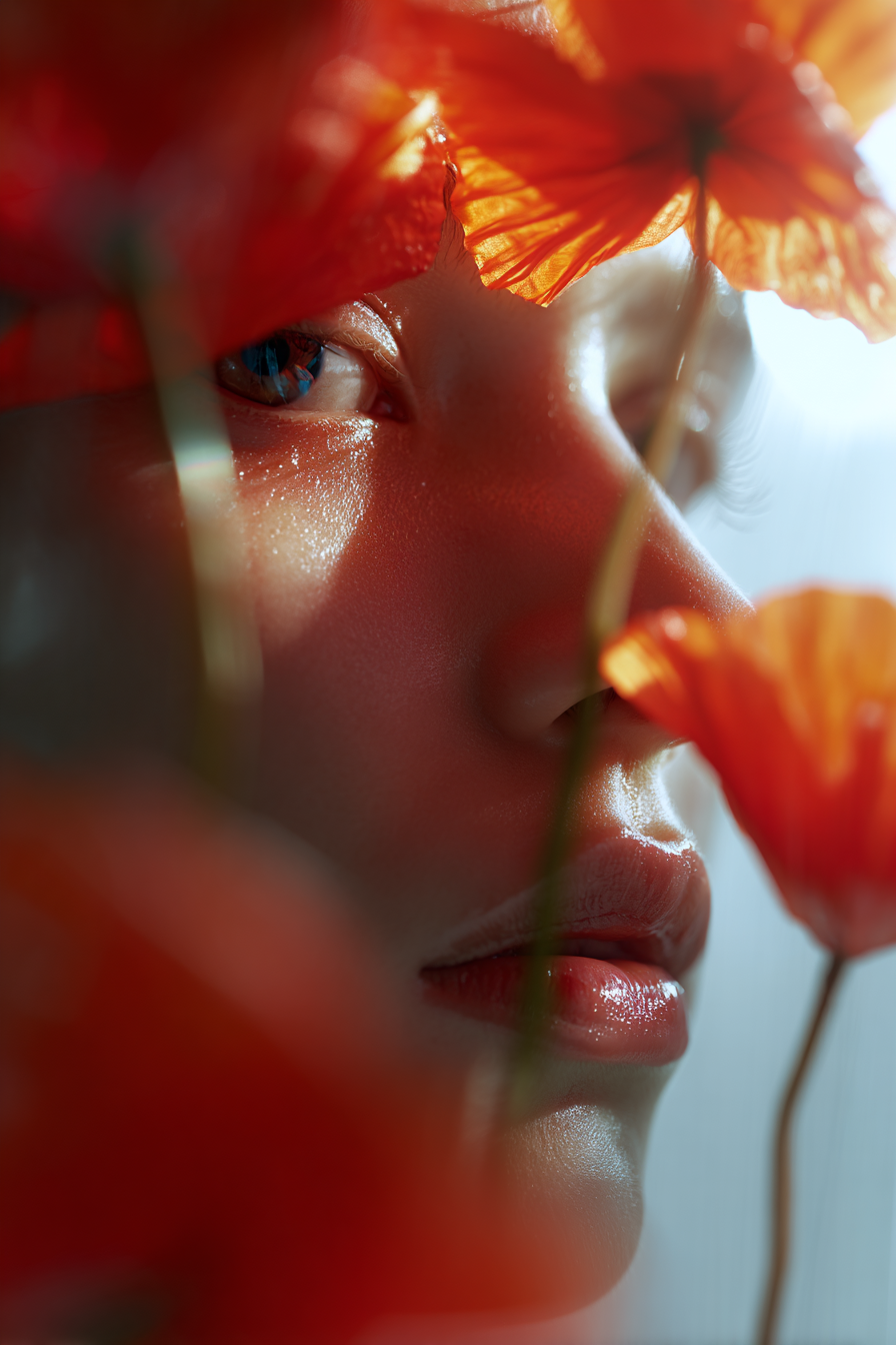 Nahaufnahme eines Gesichts einer Person, teilweise verdeckt von roten, durchscheinenden Blumen, die im Vordergrund sind.