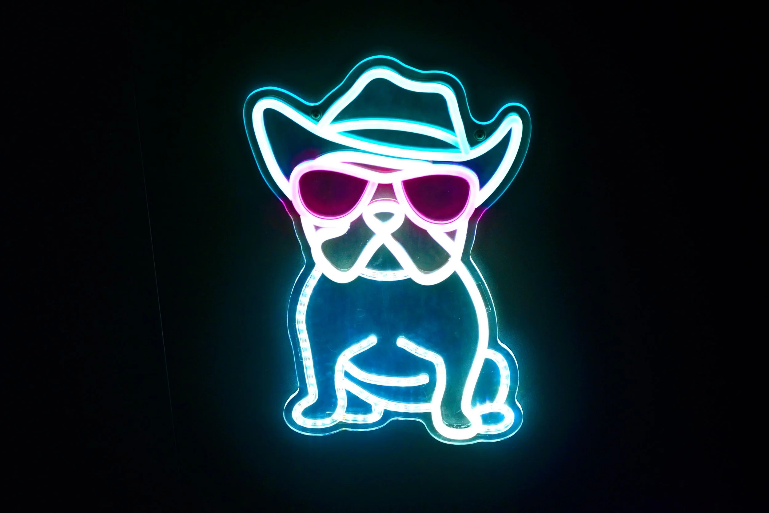 Neon sign of a bulldog dog wearing a cowboy hat, sunglasses, and a bandana.