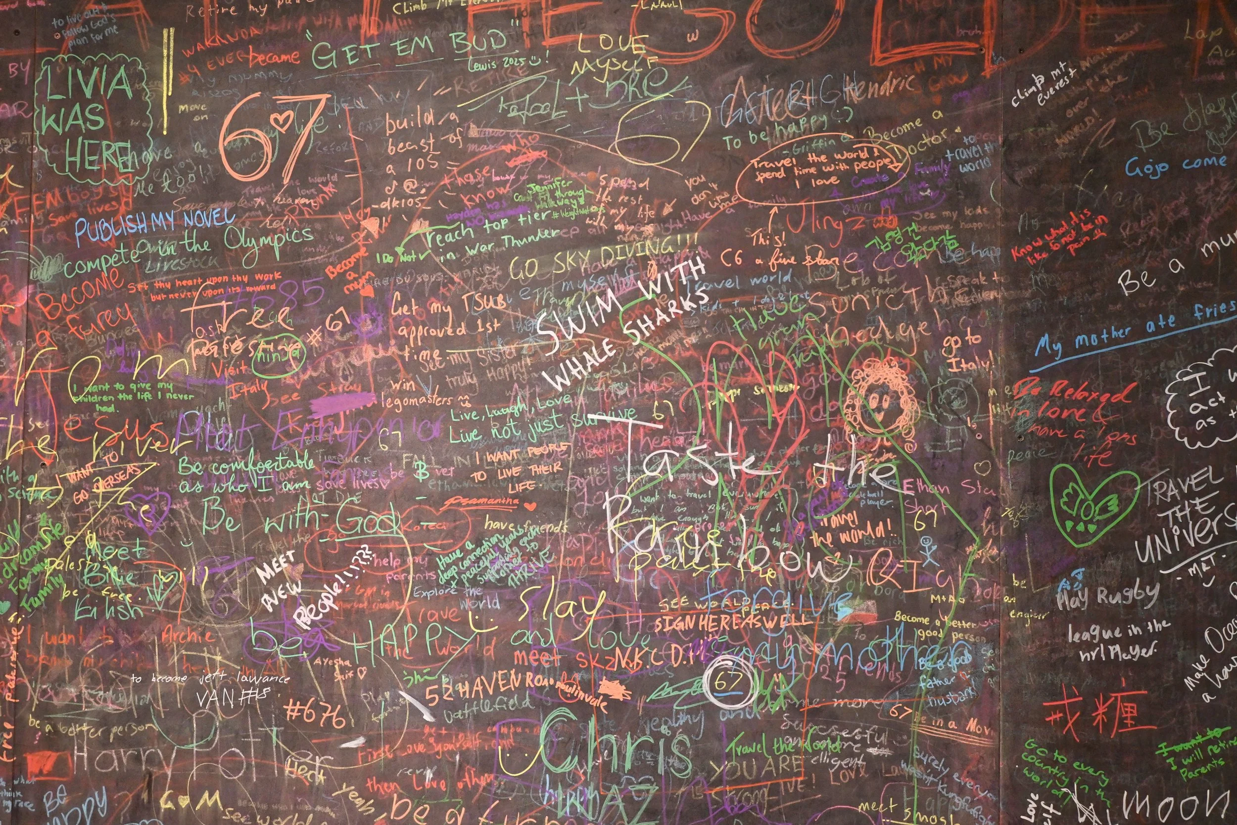 A wall covered with vibrant, colorful scribbles, messages, and doodles written in various colors and styles, including notes about personal thoughts, wishes, and inspirational quotes.