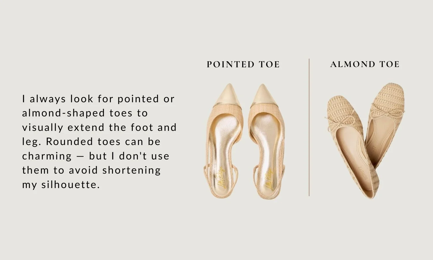 “Visual comparison of pointed toe vs almond toe ballet flats, showing their elongating effect for petite women.”