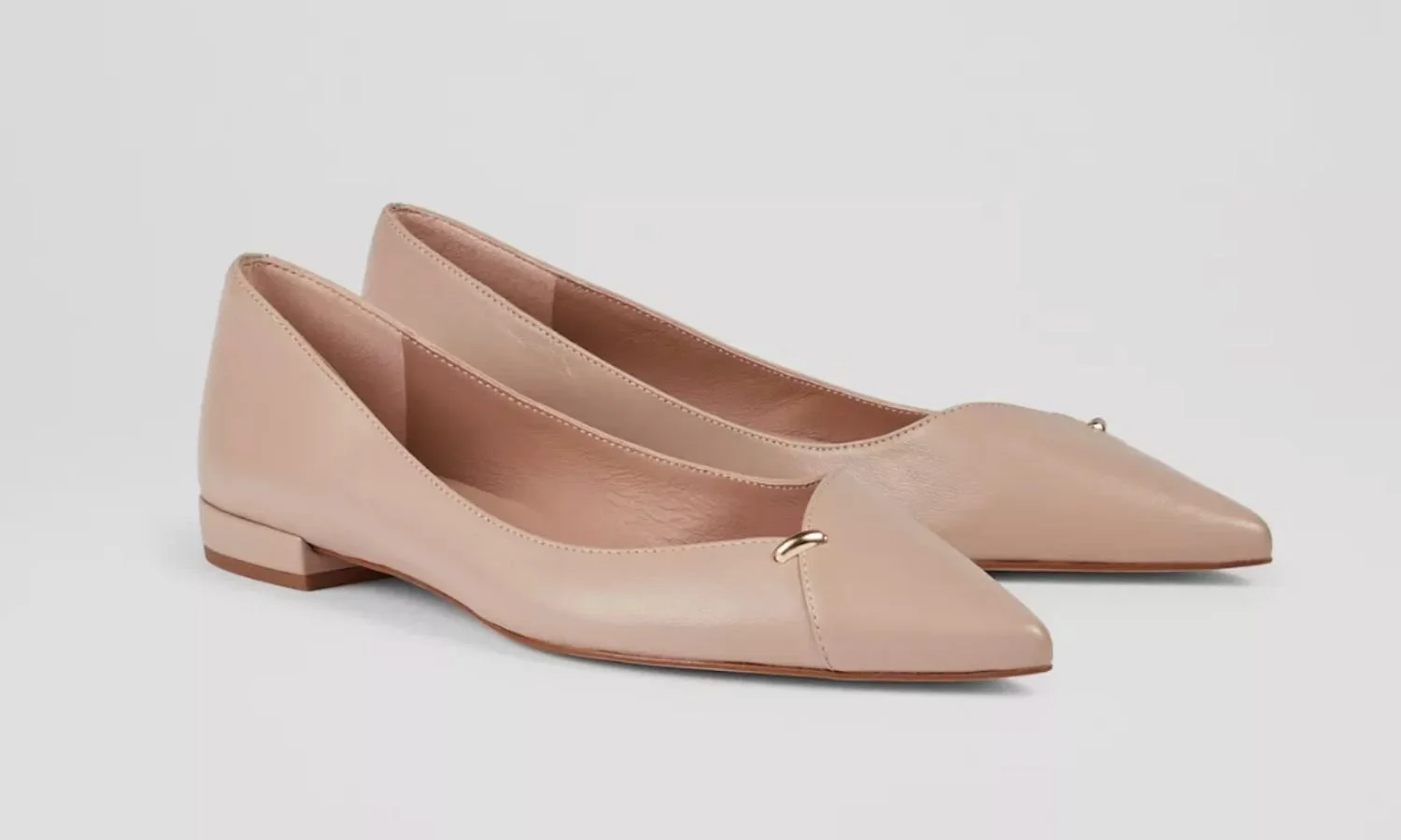 Blush pink LK Bennett Cally pointed-toe flats with low heel and clean, minimal design, ideal for petite frames