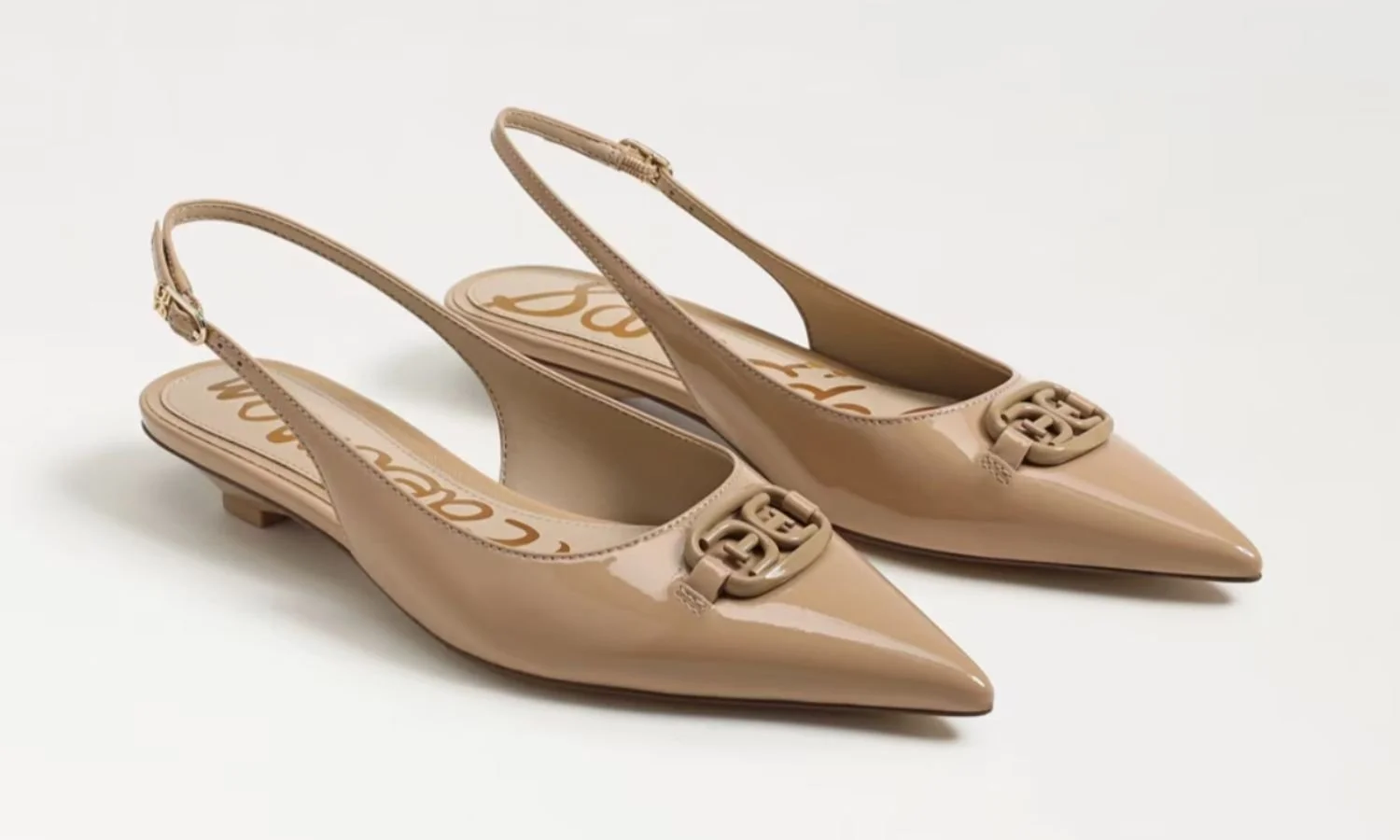Sam Edelman Bianka slingback pump in almond patent with pointed toe and petite-friendly mini heel