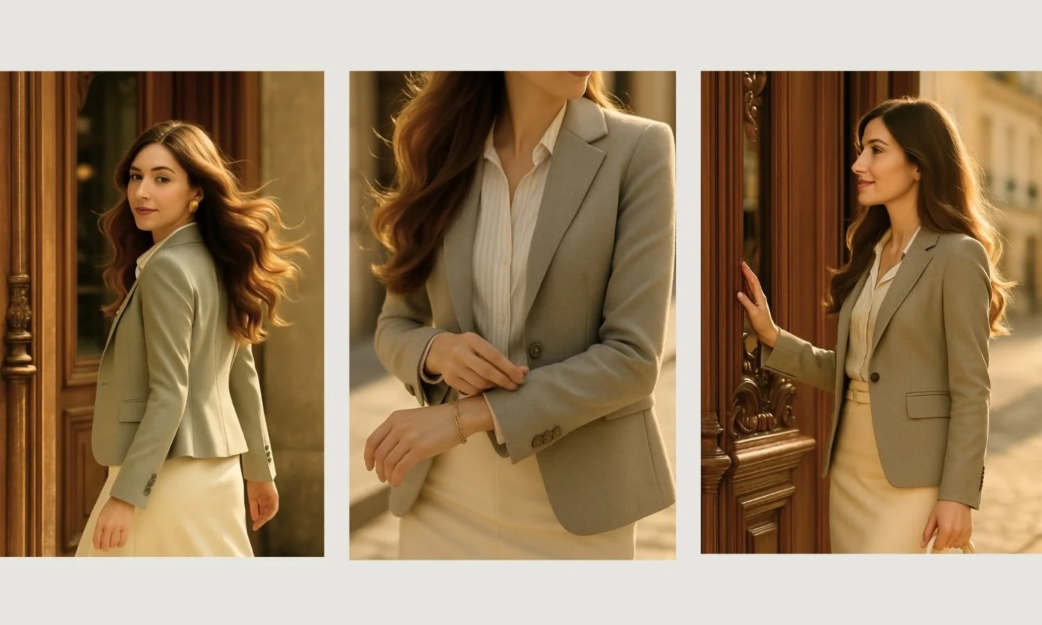 Petite woman in taupe blazer and ivory skirt walking and posing near a Parisian doorway; elegant spring outfit with refined details and soft golden light.