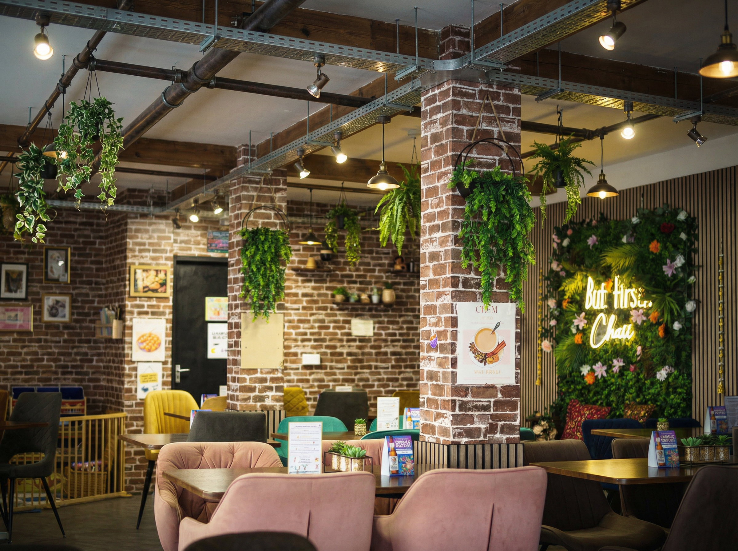 Interior of a cozy cafe with brick columns, hanging green plants, and colorful chairs. A neon sign reads 'Best Hirs Chu' surrounded by a floral display, and menu signs are on the tables.