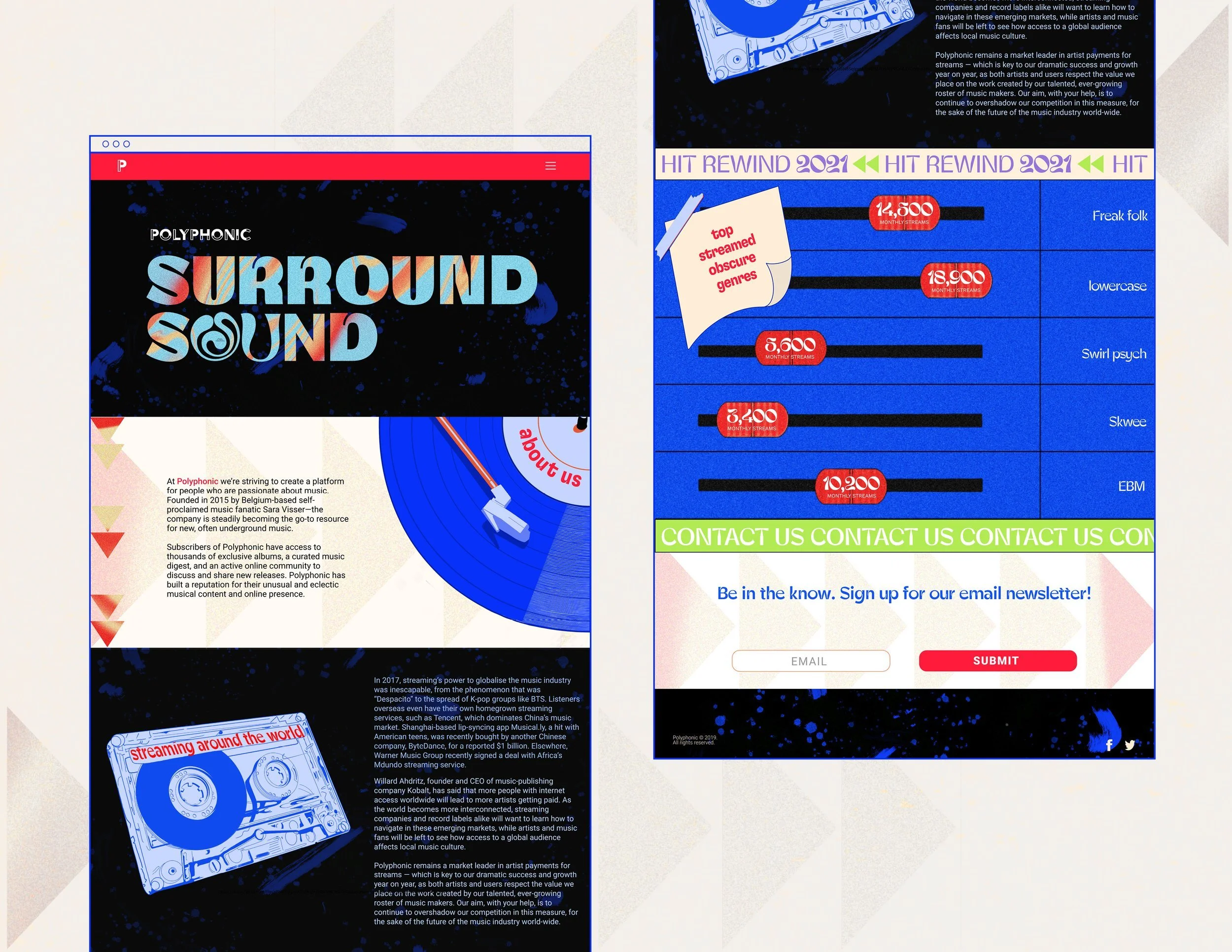web design for music company with illustrated record player, casette tape, and sound board graphics; data visualization and sound analytics