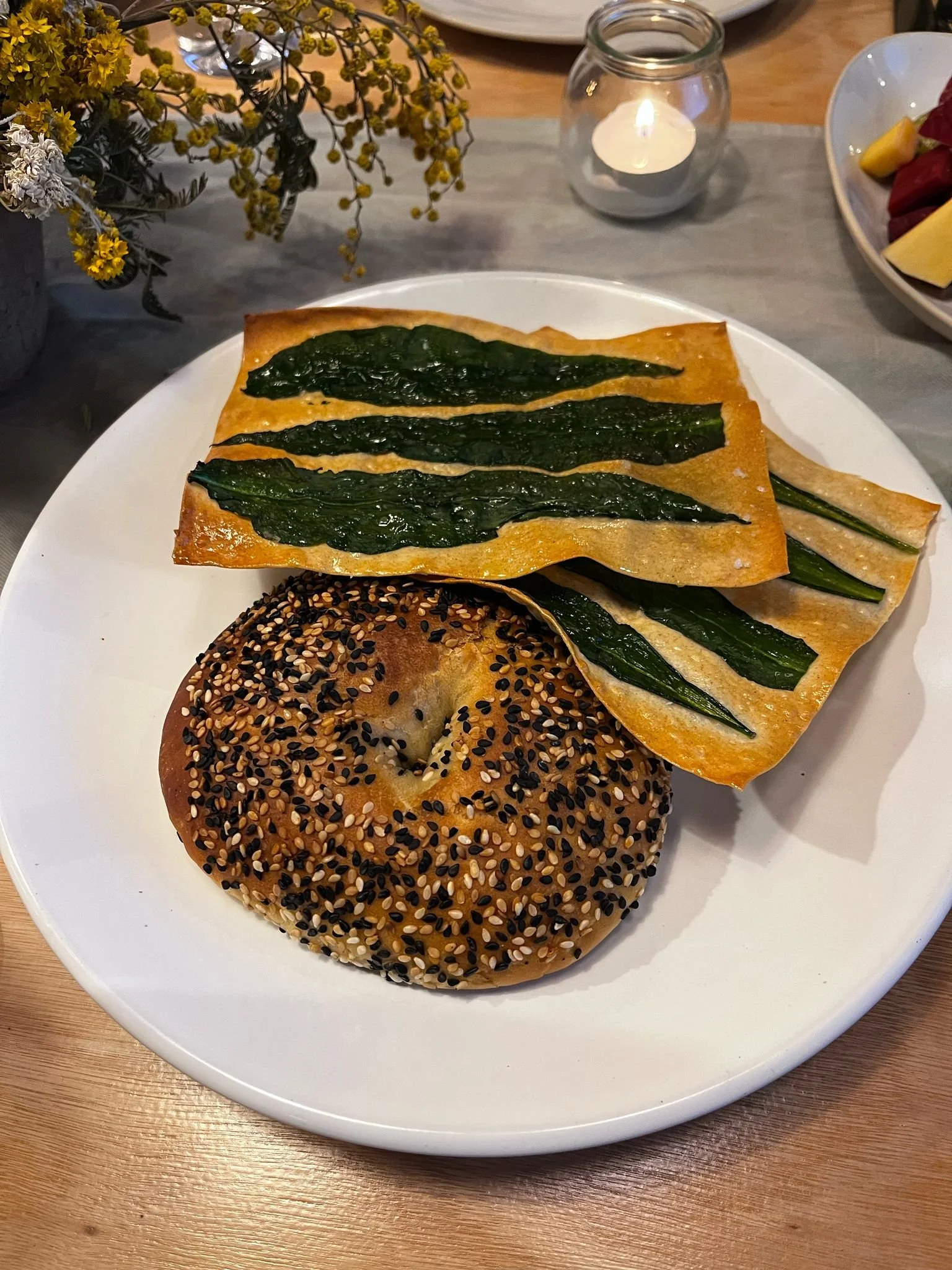 Sesame Bagel and wild garlic lavosh
