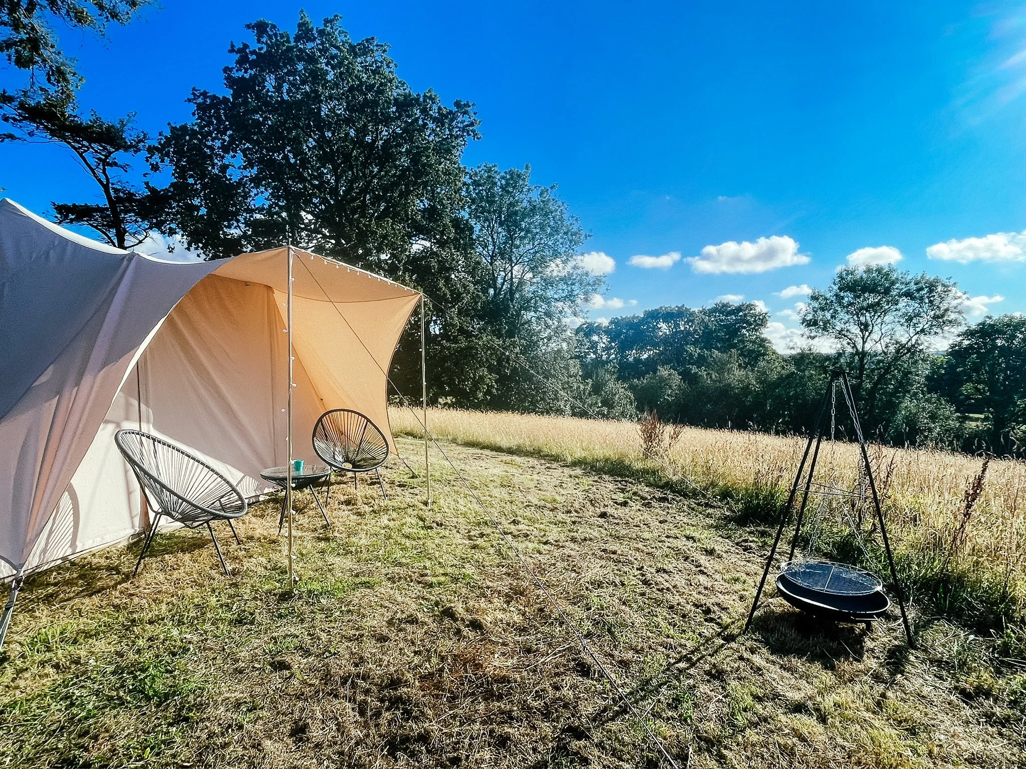 Camping scene with a beige tent, black chairs, and a hanging fire pit on a sunny day in a grassy field surrounded by trees.