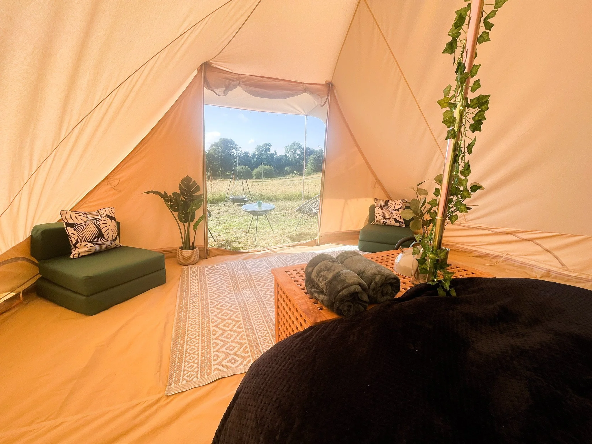 Inside a beige camping tent with two green chairs, a tall potted plant, rolled towels on a wooden table, and a view of a grassy field with trees outside.
