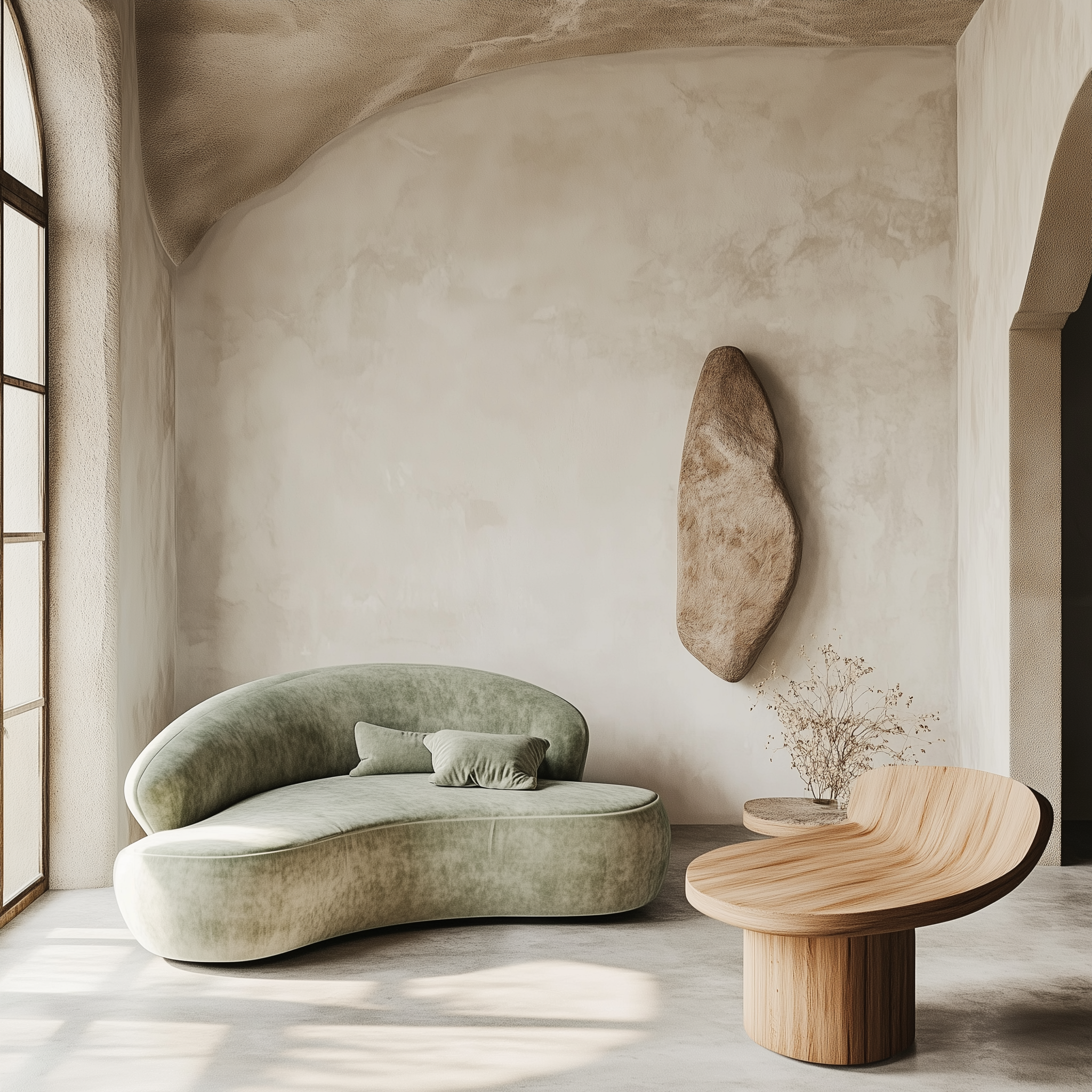Modern living room with a curved green velvet sofa, a wooden chair, a small round wooden table with dried flowers, and a textured wall with a large abstract wooden art piece.