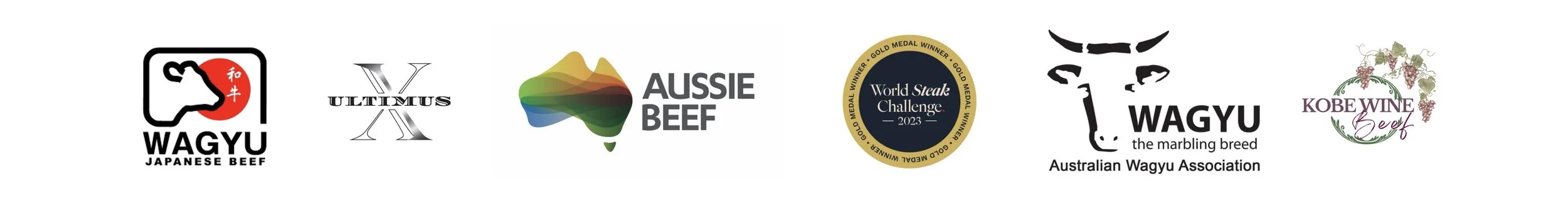Logo de plusieurs marques et organisations liées à la viande de bœuf, dont WAGYU japonais et australien, Australian Wagyu Association, et autres avec des designs variés.