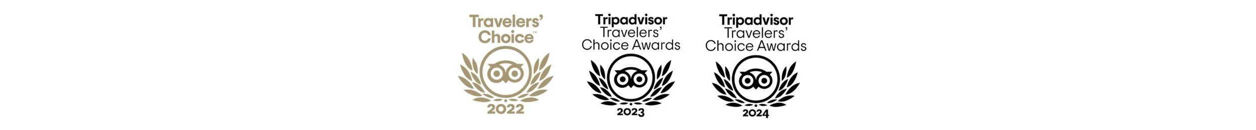 Icones de trois prix Travelers' Choice d'années différentes, 2022, 2023, 2024, avec un hibou stylisé entouré de branches et texte en anglais.