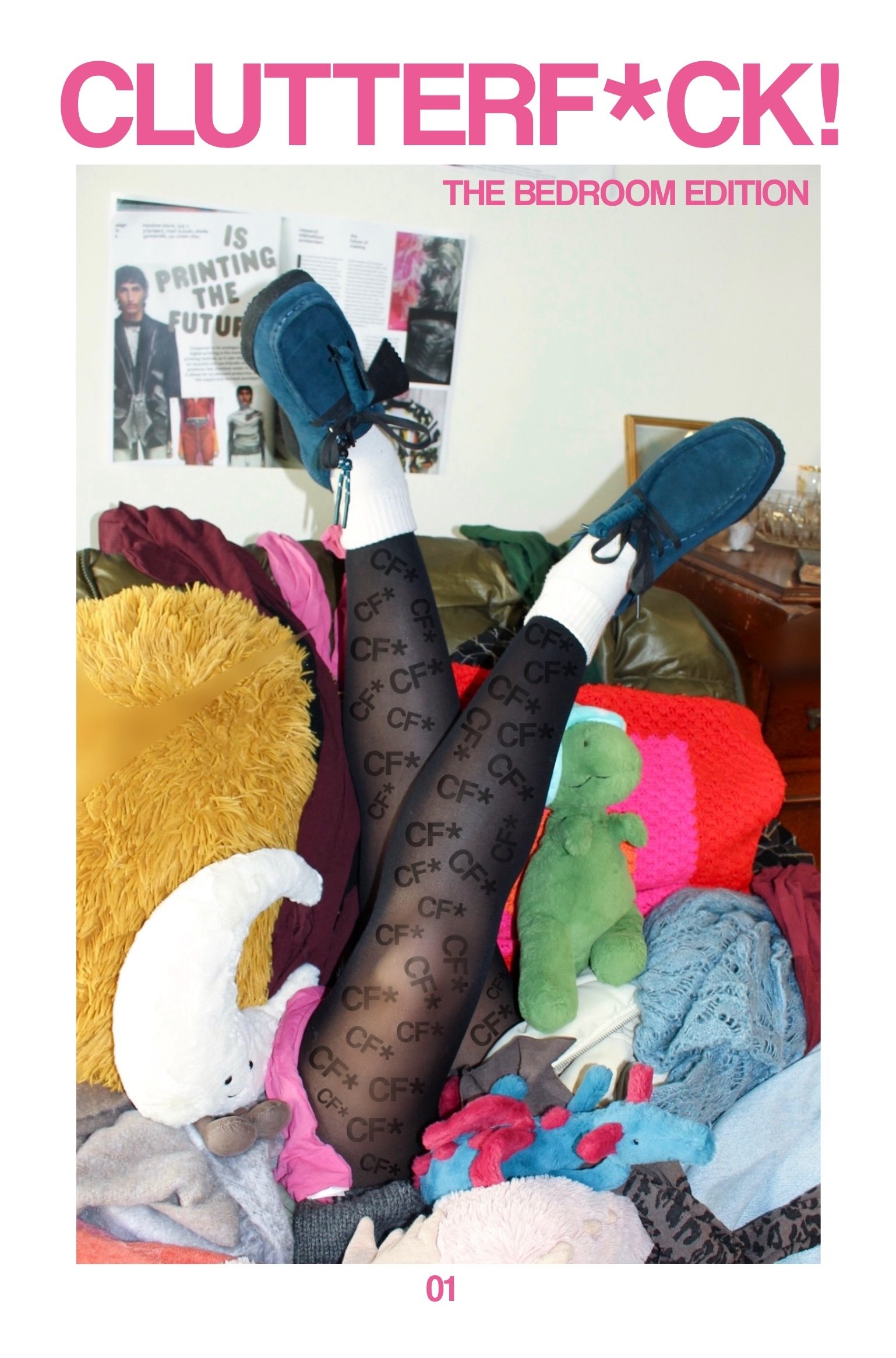 A playful magazine cover titled "Clutterf*ck! The Bedroom Edition". The image features a person's legs wearing patterned tights with the letters "CF*" and blue shoes. Various colorful stuffed toys and clothes surround the legs in a cluttered bedroom setting.