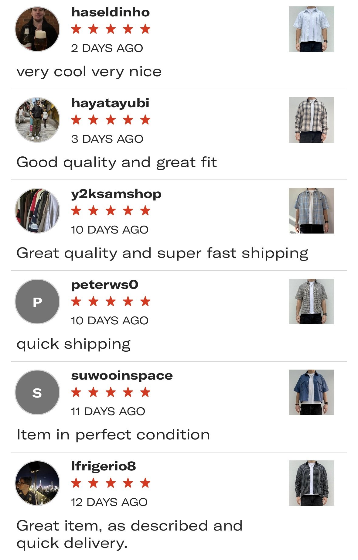 Product reviews with star ratings for various men's shirts, showing user feedback and small images of different plaid and blue shirts.