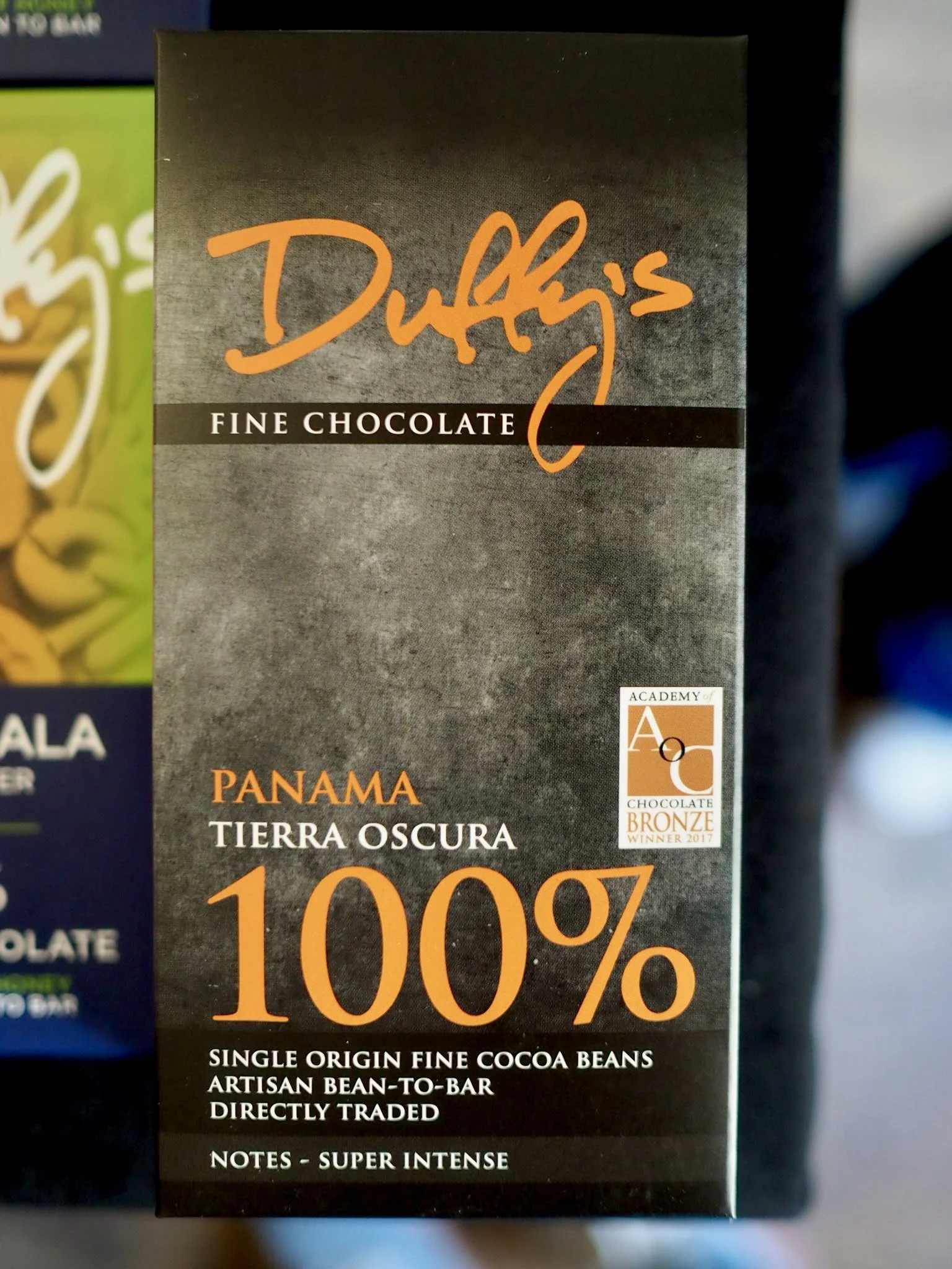 A photo of Duffy's fine chocolate 100 percent bar made with beans from Panama