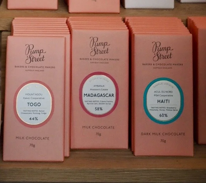 Pretty pink wrapped Pump Street Chocolate bars - craft dark milk chocolate