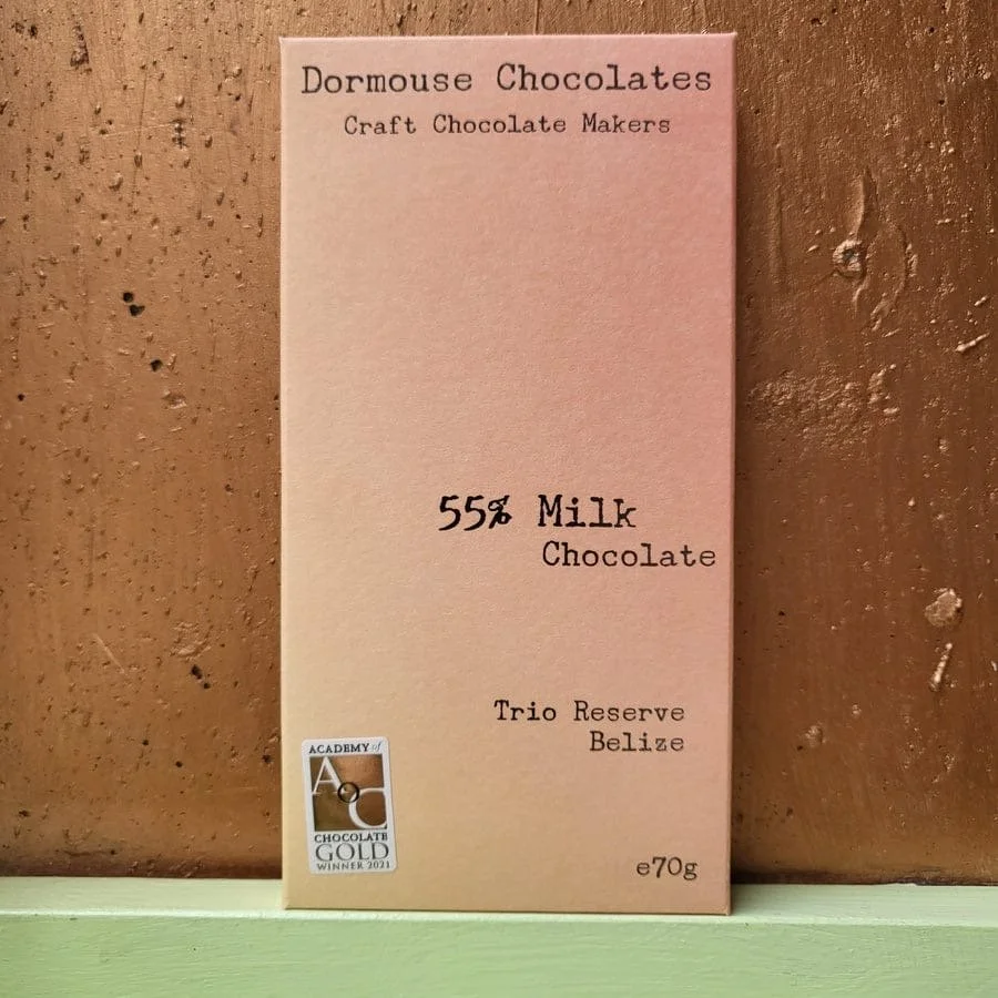Dormouse 55% Trio Reserve Belize dark milk chocolate bar with an Academy of Chocolate Gold sticker from 2023