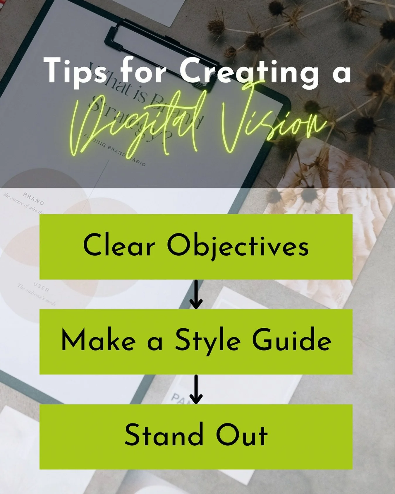 Visual branding plays a pivotal role in establishing a recognisable and memorable brand identity. Here are some key tips for when you create your digital vision:

▪️Have Clear Objectives: Before diving into design, clearly define your brand&rsquo;s c