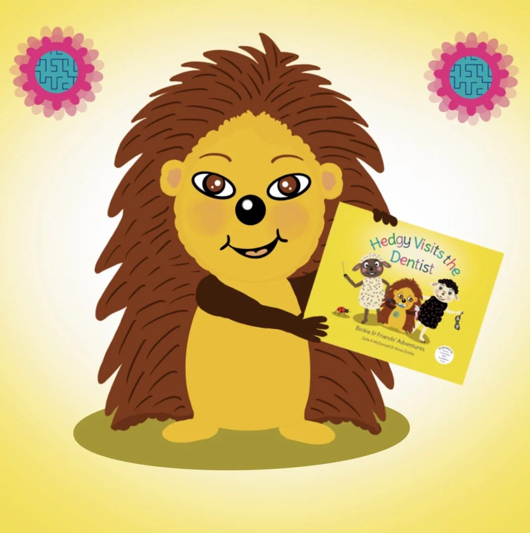 A cartoon hedgehog character holding a children's book titled 'Hedgy Visits the Dentist' with three other animal characters on the cover.
