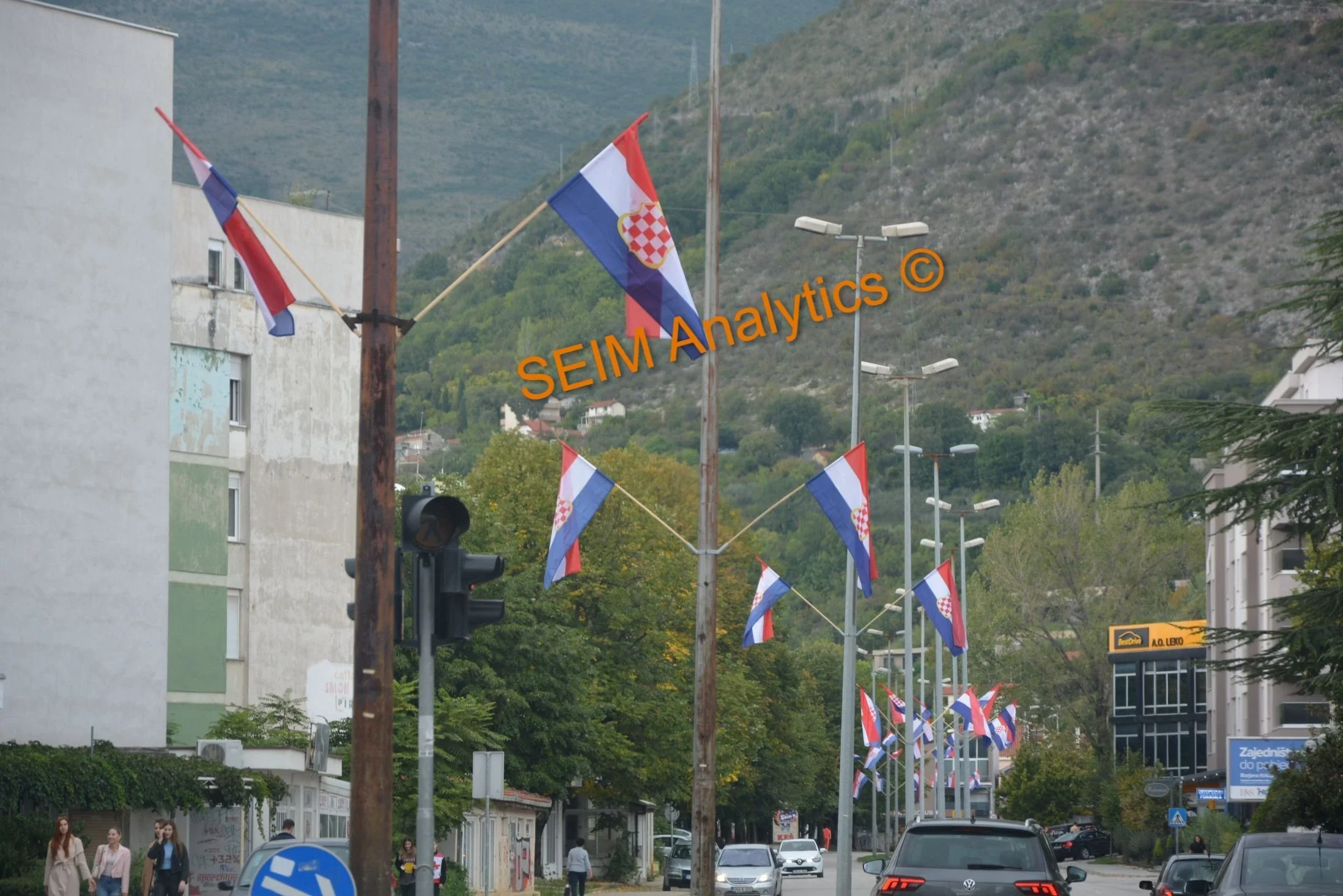 Croatian flags in the center of the Croat-dominated part of Mostar.