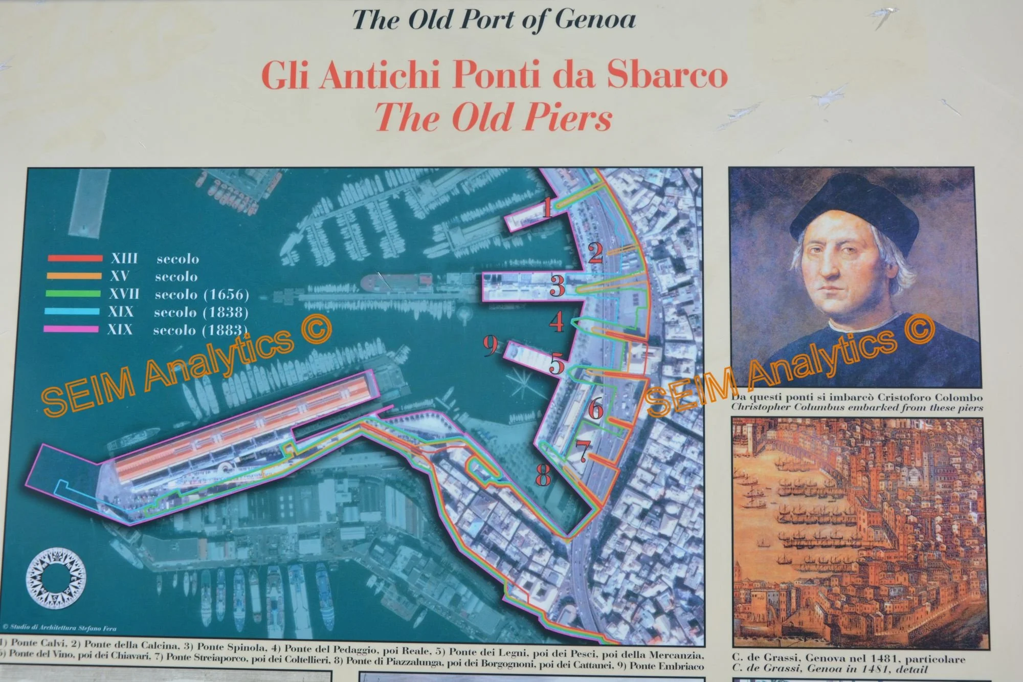  History information table in the harbour of Genoa 