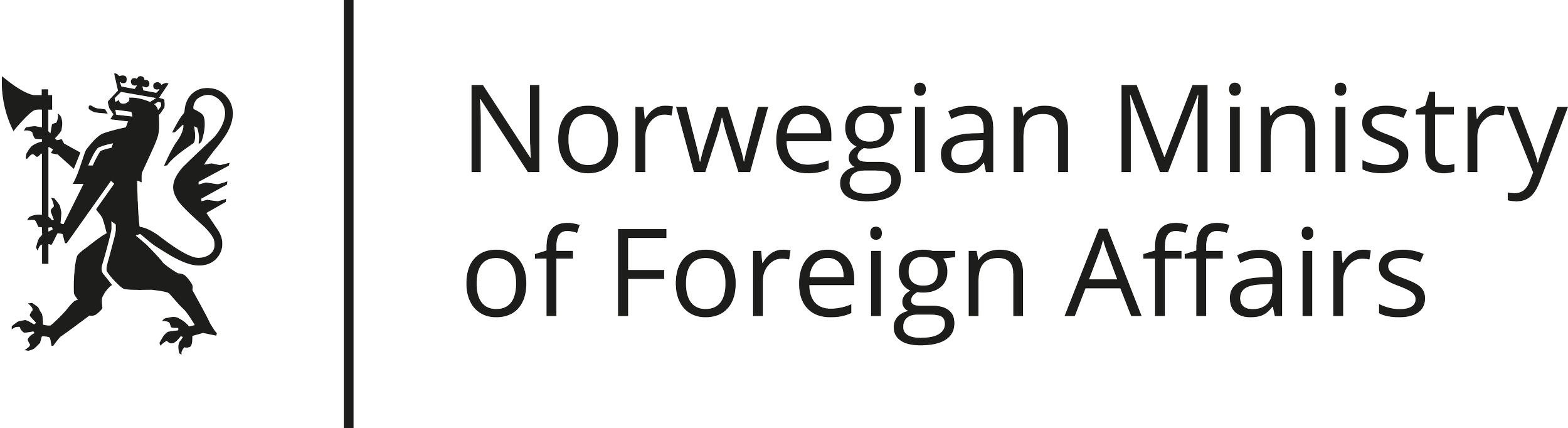 Logo of the Norwegian Ministry of Foreign Affairs featuring a black lion holding a silver axe, next to text 'Norwegian Ministry of Foreign Affairs'