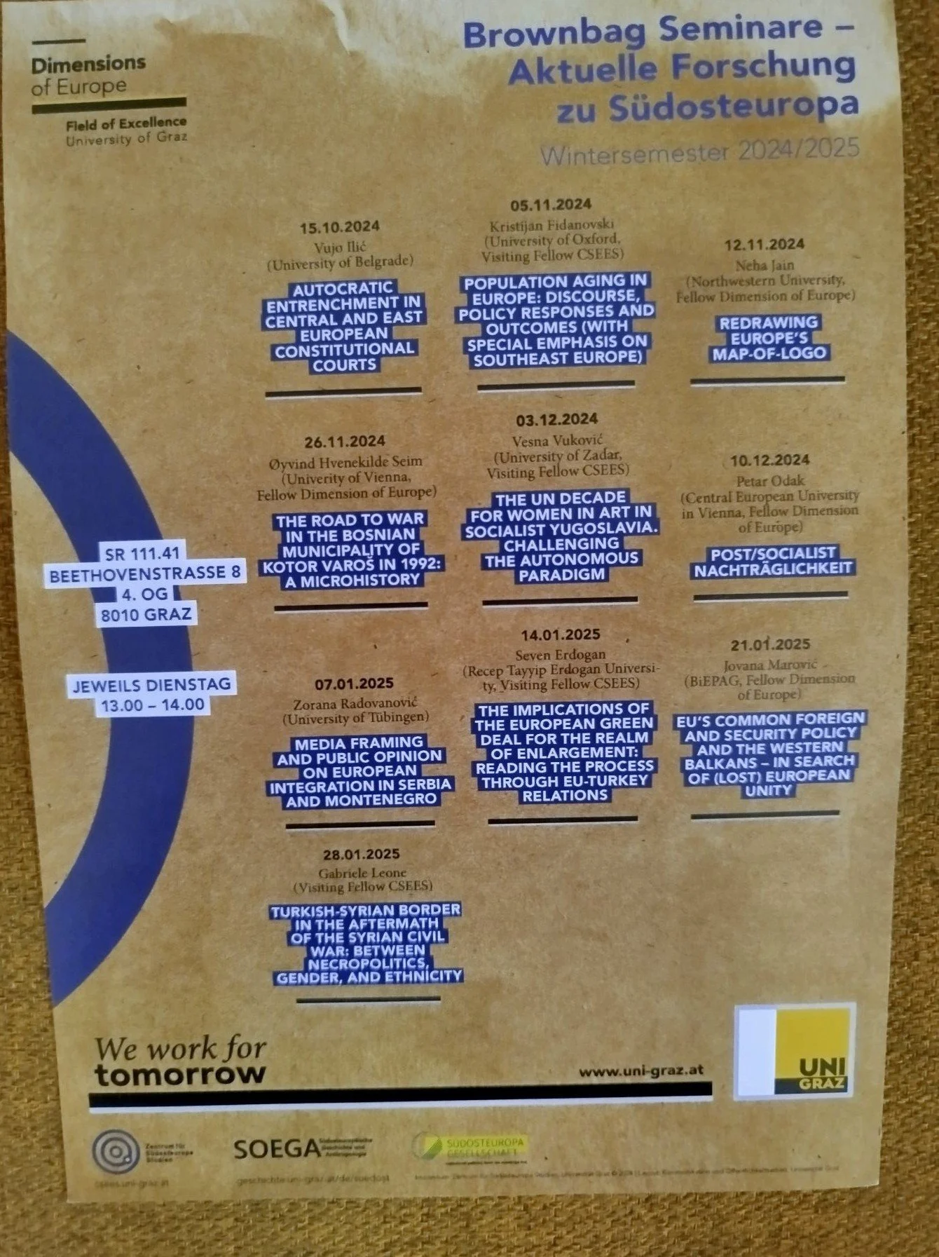Event schedule poster for Brownsbag Seminar-Current Research on Southeastern Europe for Winter Semester 2024/2025, includes dates, speakers, locations, and topics related to European politics, history, and Balkan studies, with logos of Universität Graz and sponsors at the bottom.