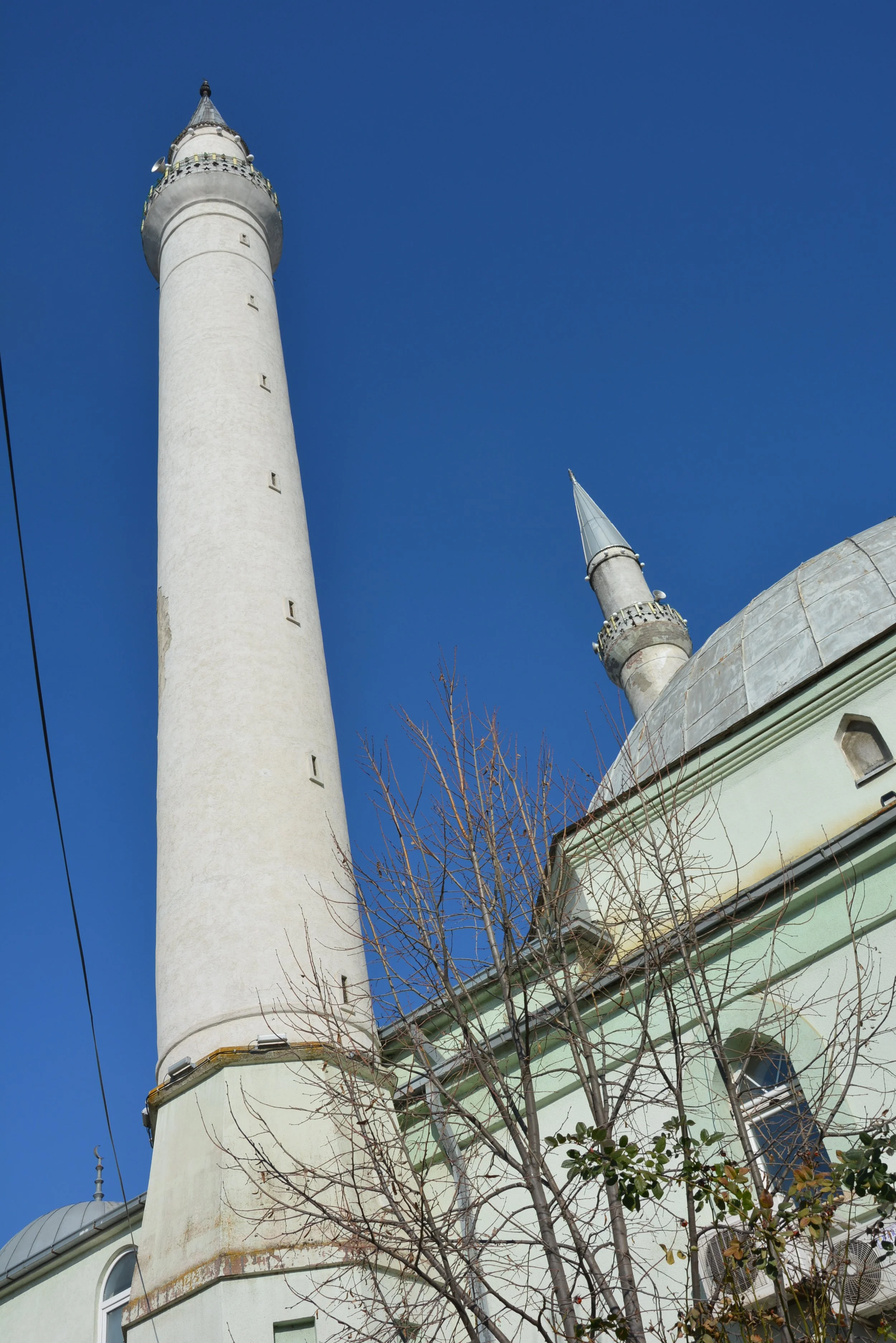 View of a mosque with two minarets against a bright blue sky, with some leafless trees in the foreground.