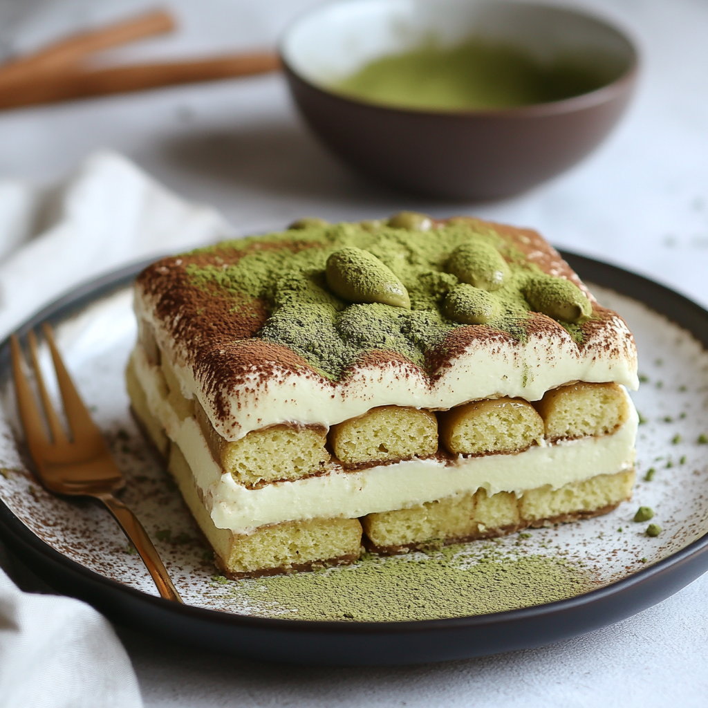 a slice of green tea tiramisu dessert, with matcha soaked ladyfingers