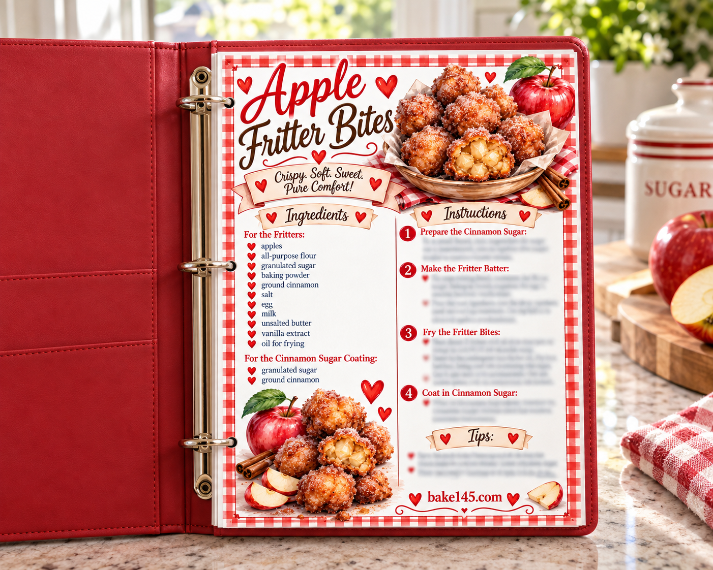 a photo of the apple fritter bites recipe card in a red recipe binder