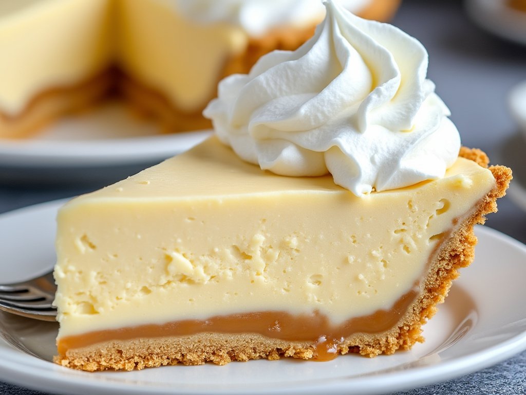 creamy vanilla pudding caramel pie on a plate