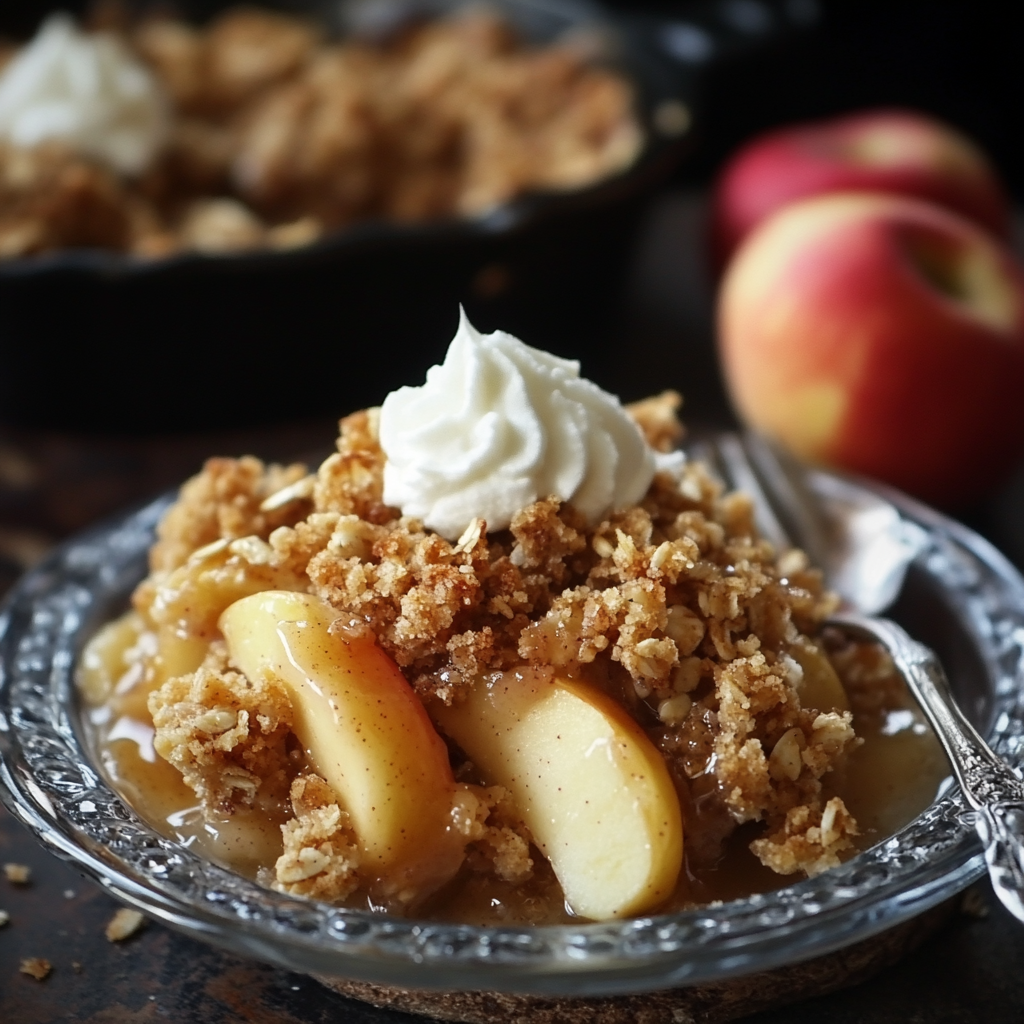 apple crumble made from scratch with streusel topping and whipped cream