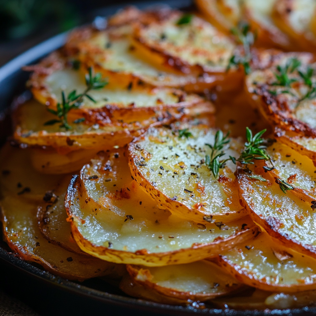 Golden, buttery Potatoes Anna stacked in delicate layers, fresh out of the oven with a crispy, caramelized top.