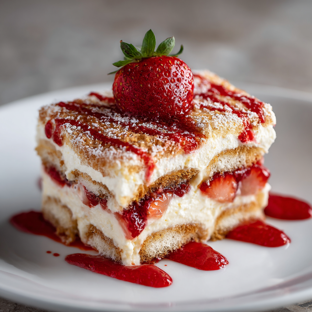 homemade strawberry tiramisu dusted with cocoa powder and topped with fresh strawberries