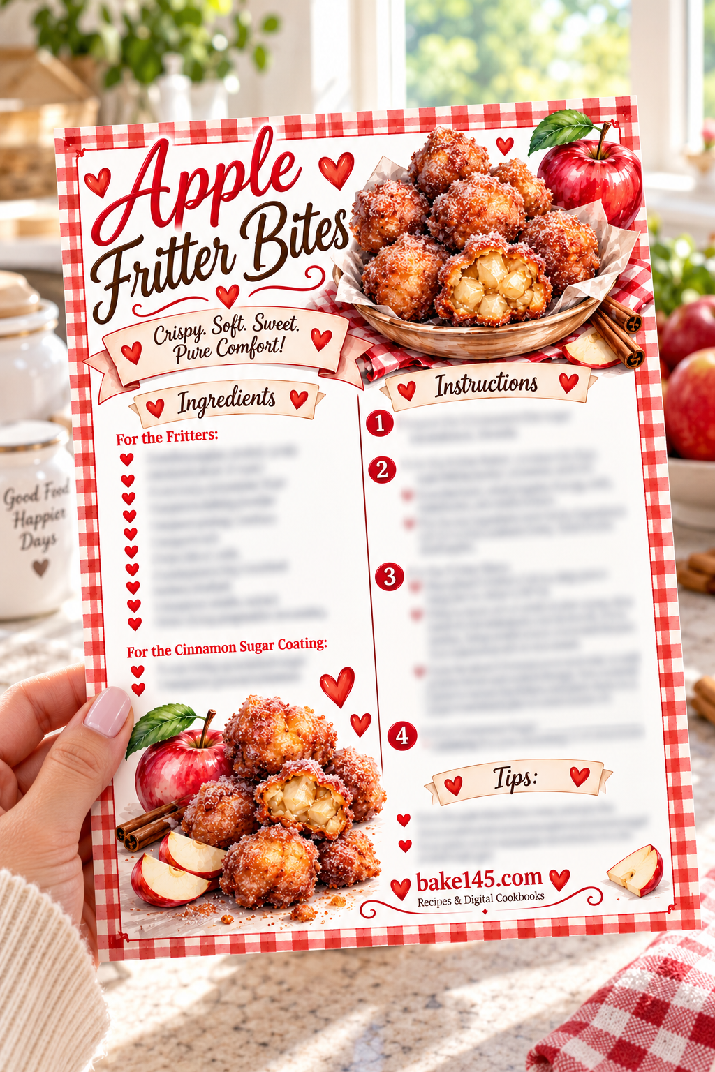 close up photo of the printed apple fritter bites recipe card in my hand