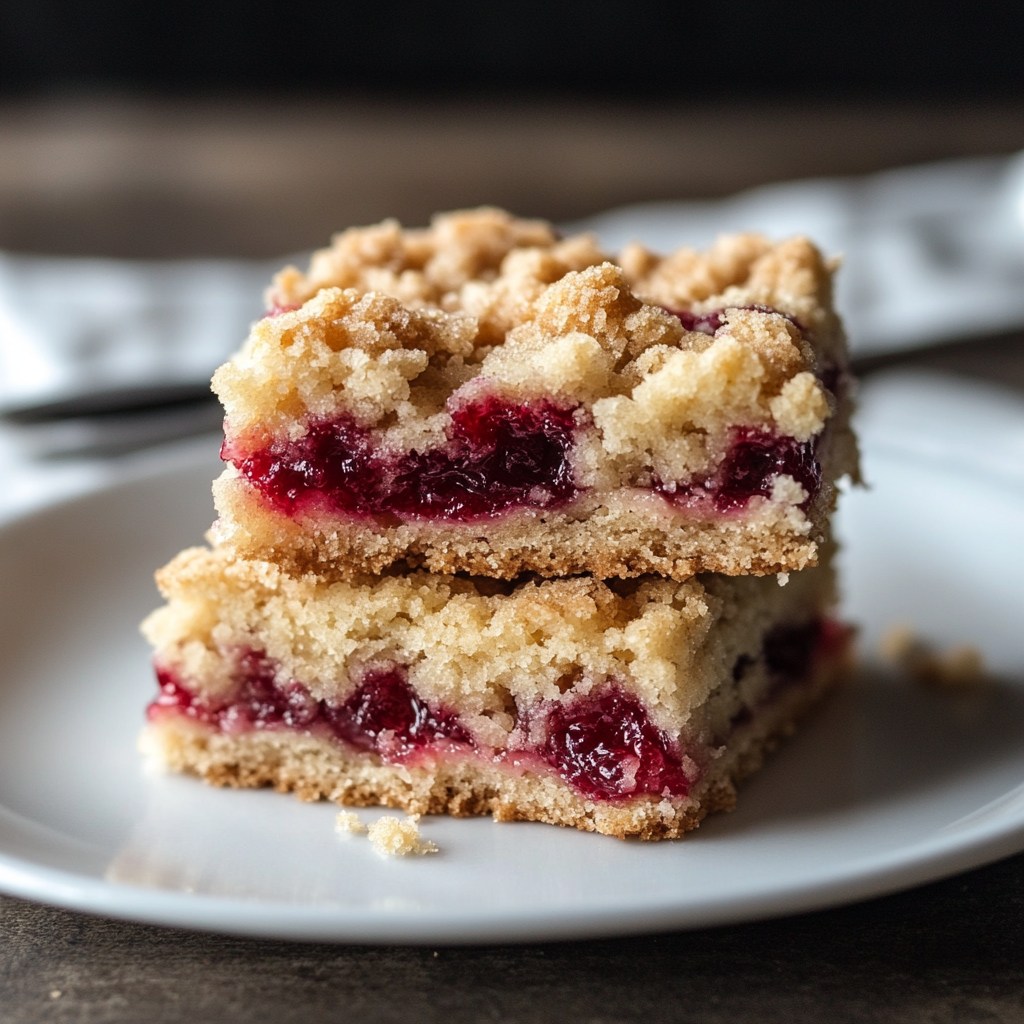 Close-up of Raspberry Streusel Bar Cookie with golden crumb topping
