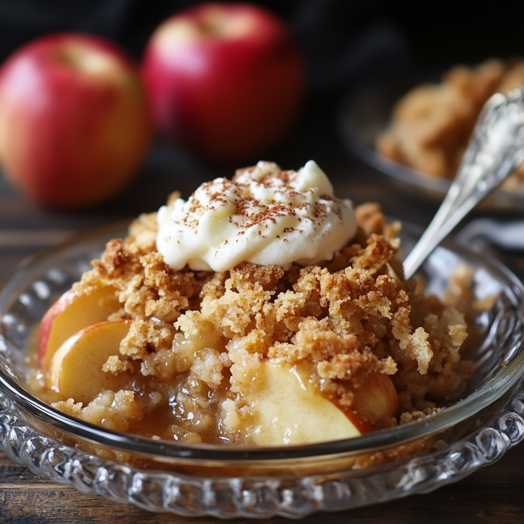 homemade easy apple crisp with ice cream on top