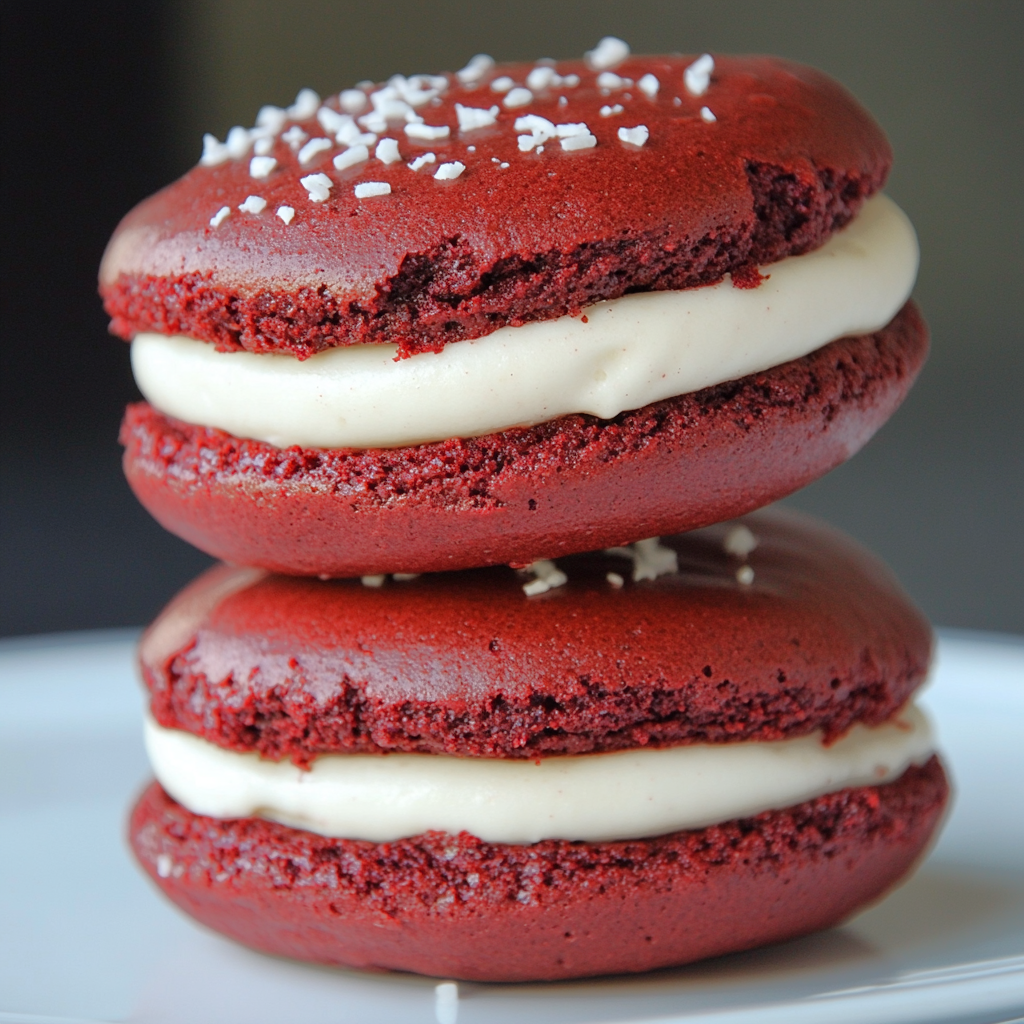 homemade red velvet whoopie pies with thick cream cheese filling inside