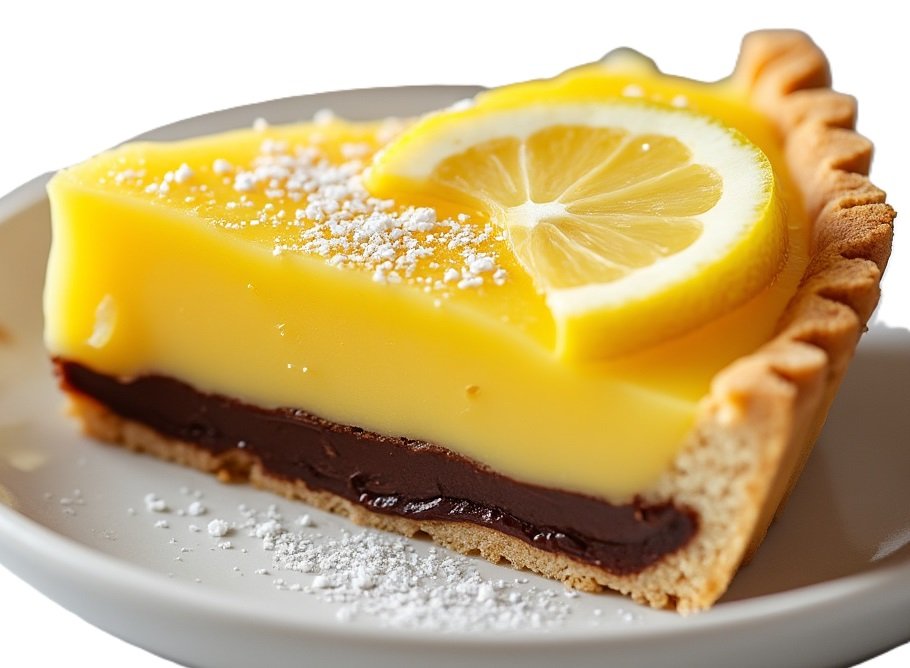 Slice of lemon tart showing layered dark chocolate ganache and lemon filling