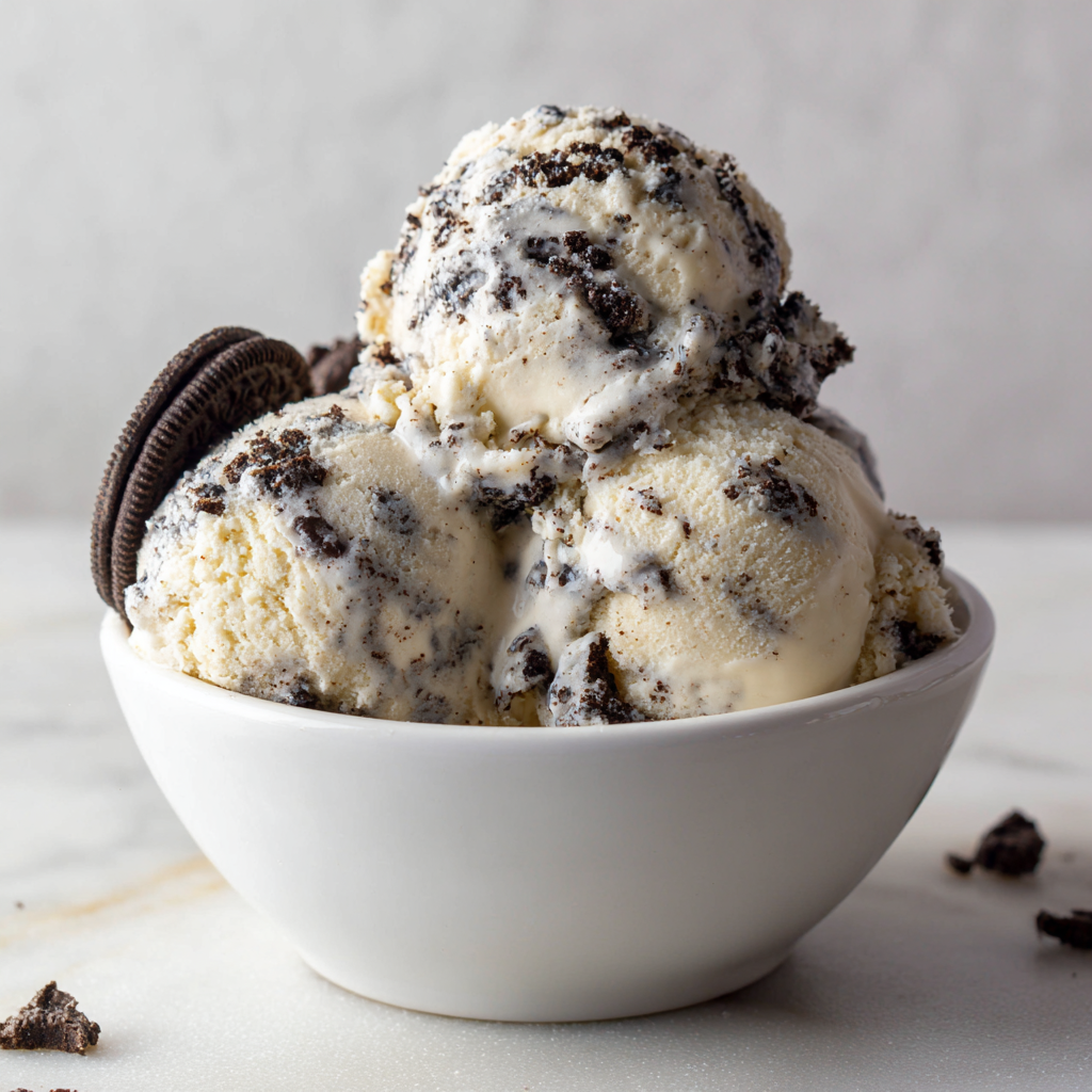a bowl of cookies and cream ice cream scoops with oreo cookies