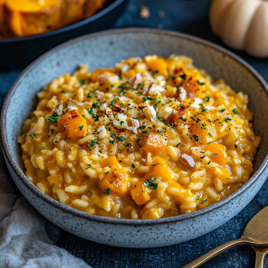Creamy risotto topped with chopped fresh pumpkin