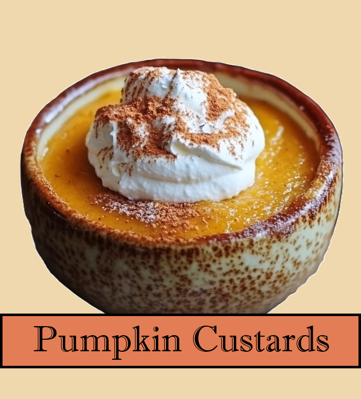 a photo of one baked pumpkin custard on my kitchen counter