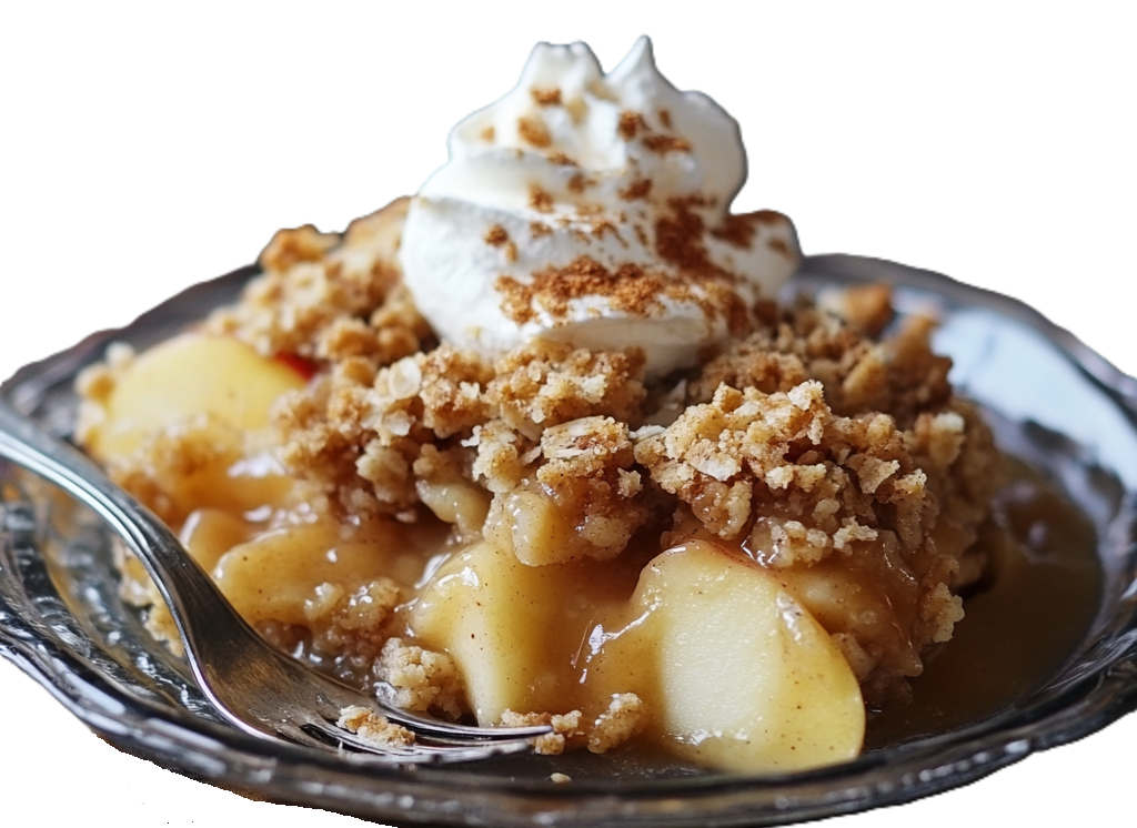 Close-up of apple crisp topped with vanilla ice cream and cinnamon