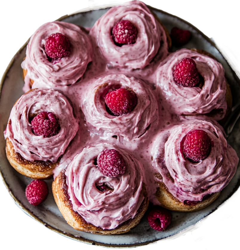 Close-up of Raspberry Sweet Rolls – Freshly baked, fluffy raspberry cinnamon rolls topped with rich, tangy raspberry cream cheese frosting.