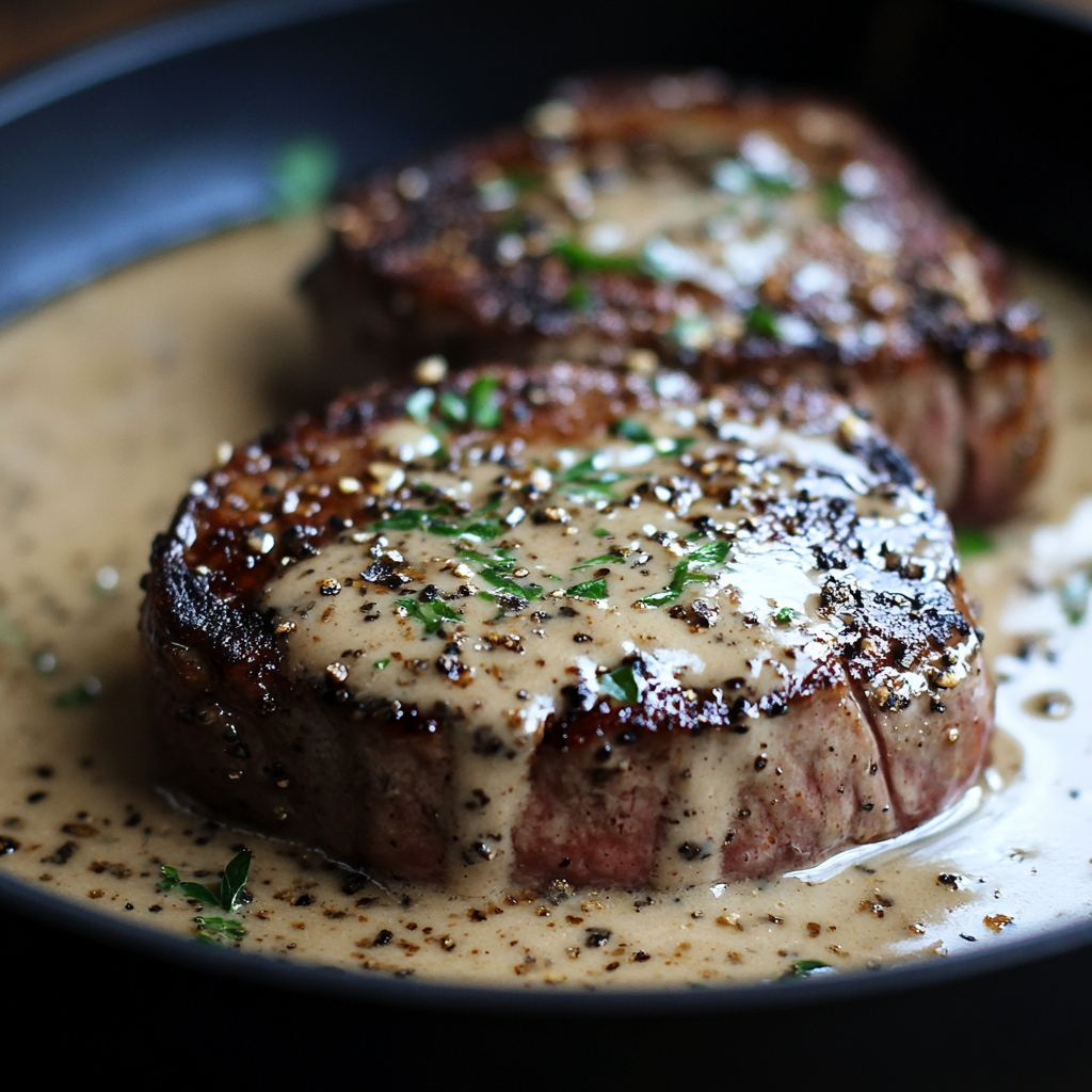Seared Steak Au Poivre plated with a creamy peppercorn sauce