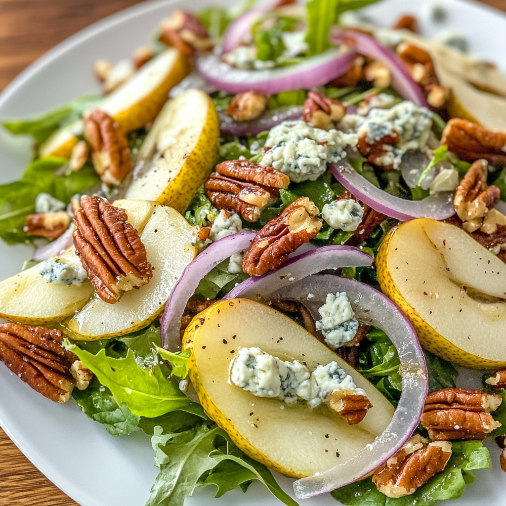 Close-up of juicy pear slices and crumbles of creamy Gorgonzola cheese, highlighting the fresh textures and vibrant colors of the salad.