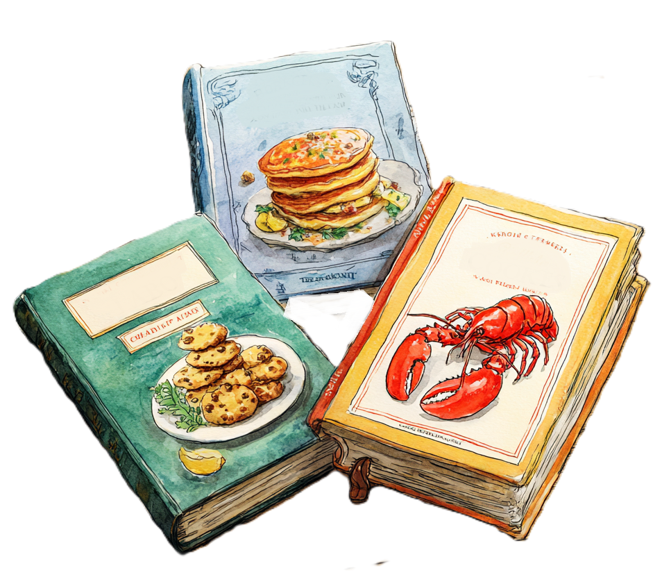 Watercolor illustration of cookbooks and a box of pancakes, cookies, and a lobster.