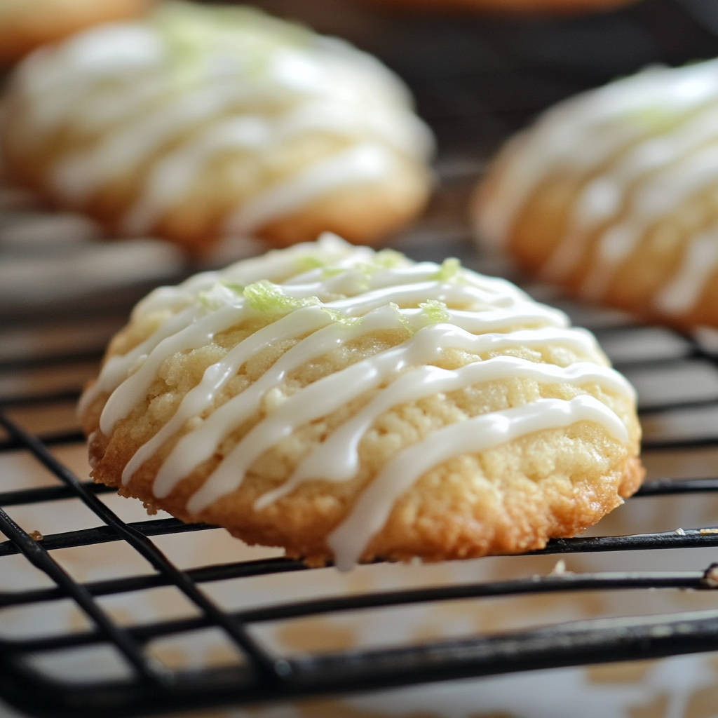close up of a lime coconut cookie with icing drizzle