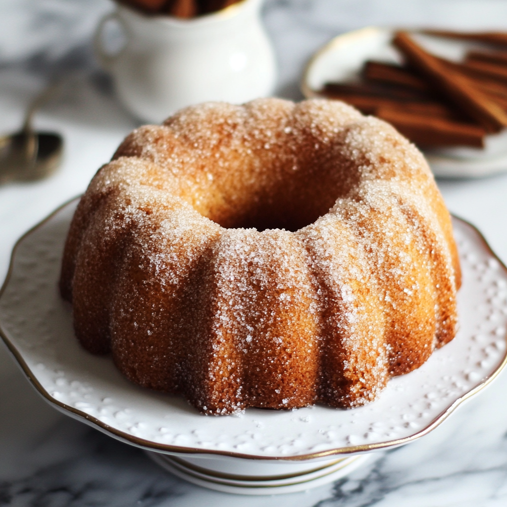 Apple cider donut bundt cake with golden cinnamon-sugar coating on a rustic plate